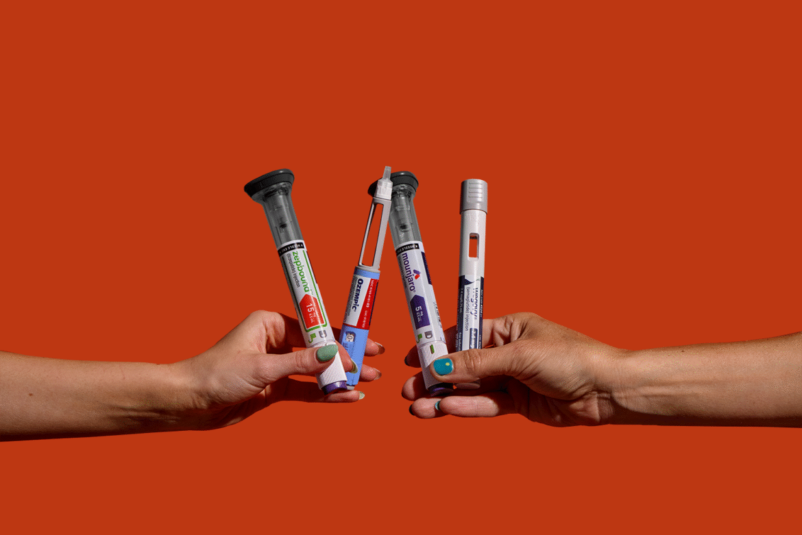 Two women's hands holding various GLP-1 injectable pens on a red background.