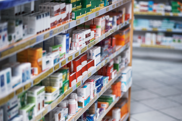 A pharmacy shelf of over-the-counter medications.