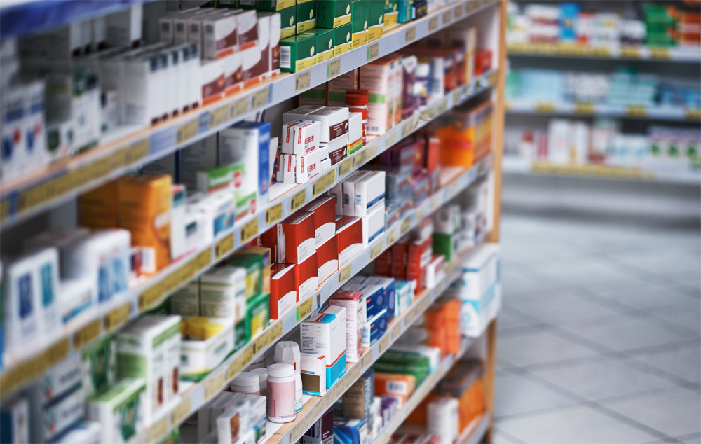 A pharmacy shelf of over-the-counter medications.