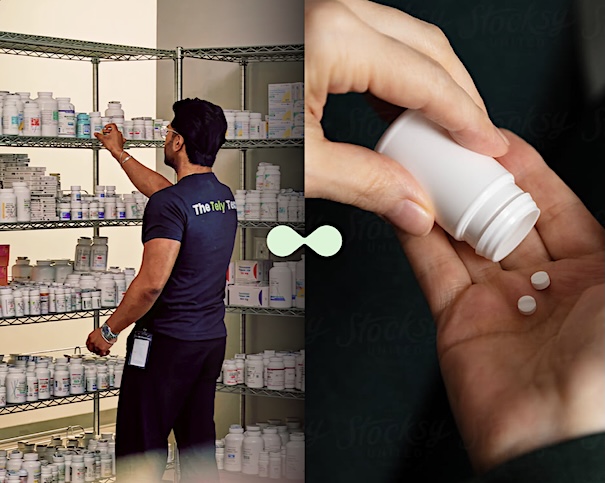 TelyRx pharmacist reviewing medication shelves and a hand holding prescription pills