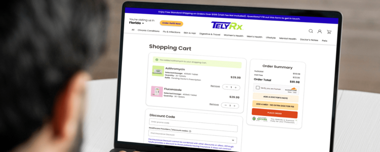 TelyRx checkout page shown on a laptop